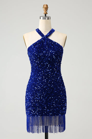 Vestido corto de lentejuelas halter azul real brillante con borla